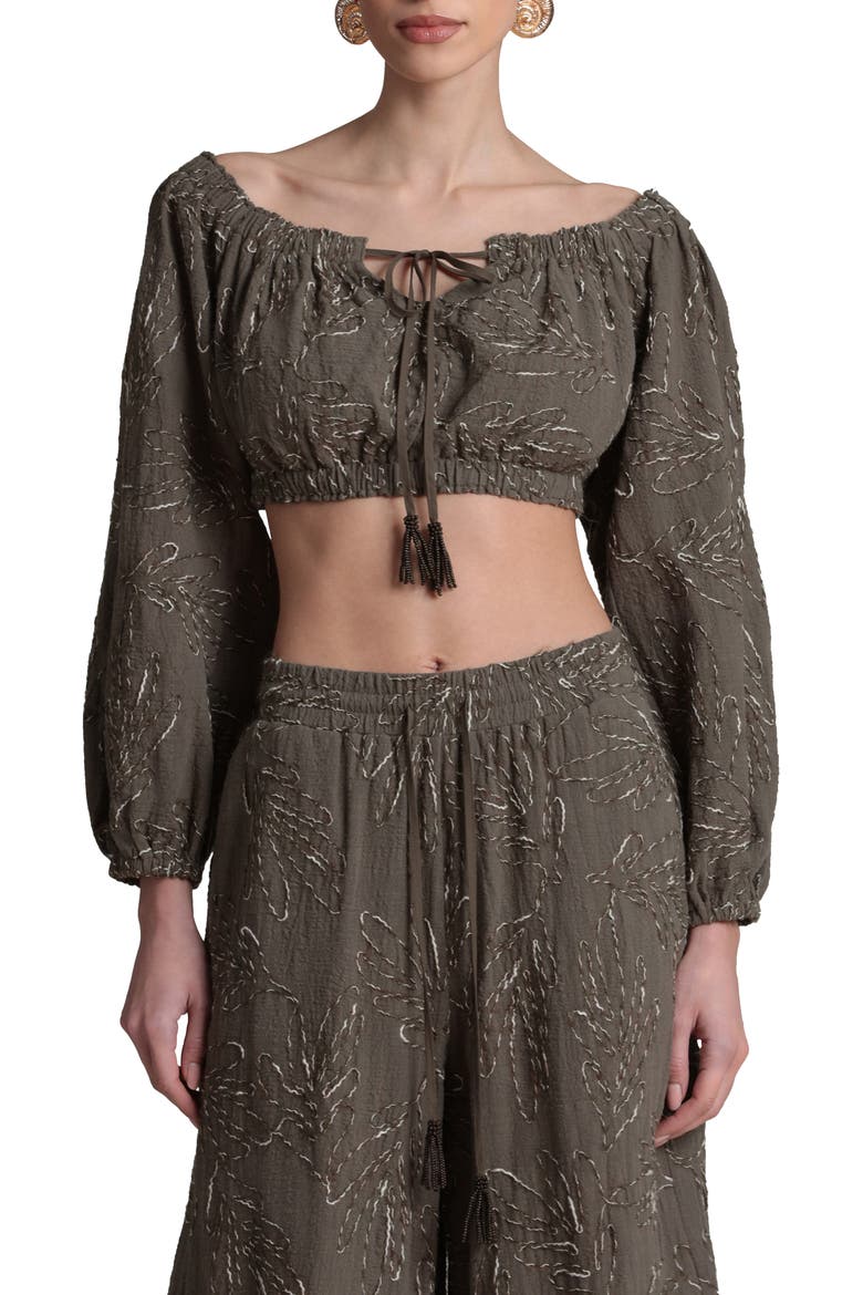 Embroidered Puff Sleeve Crop Top, Main, color, OLIVE