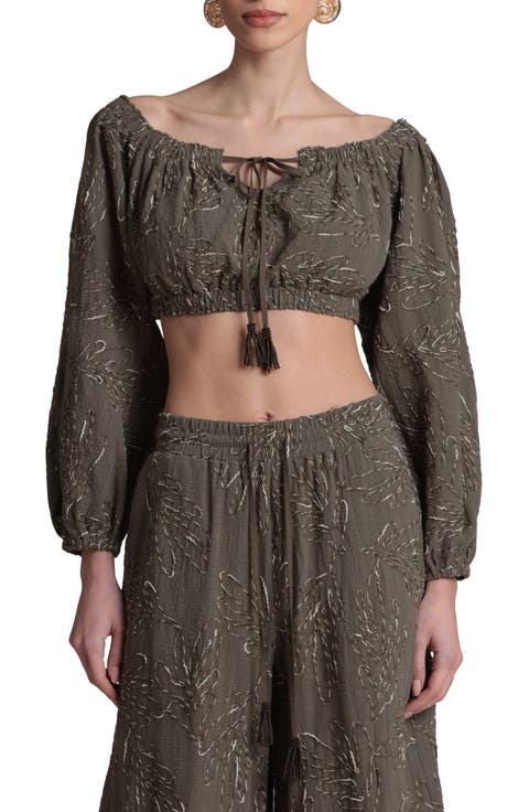 Embroidered Puff Sleeve Crop Top