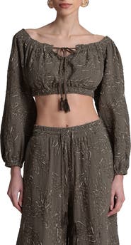 Avec Les Filles Embroidered Puff Sleeve Crop Top