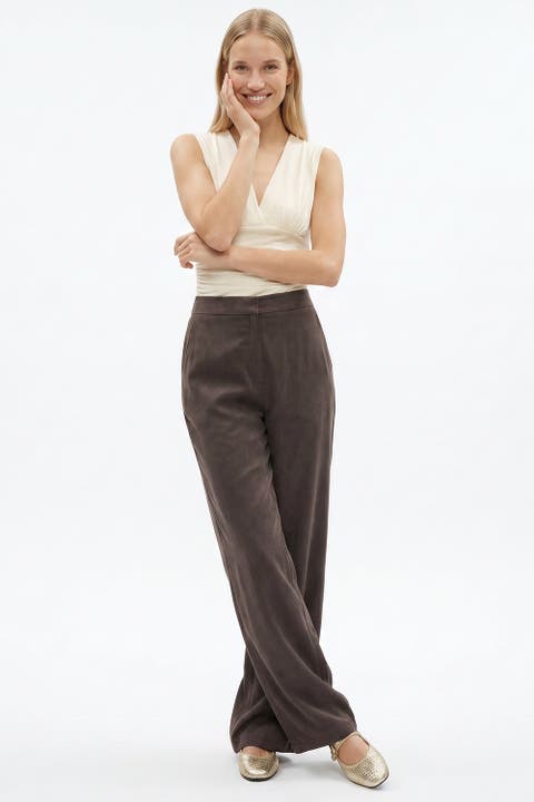 Elastic Back Wide Leg Trousers With Pockets