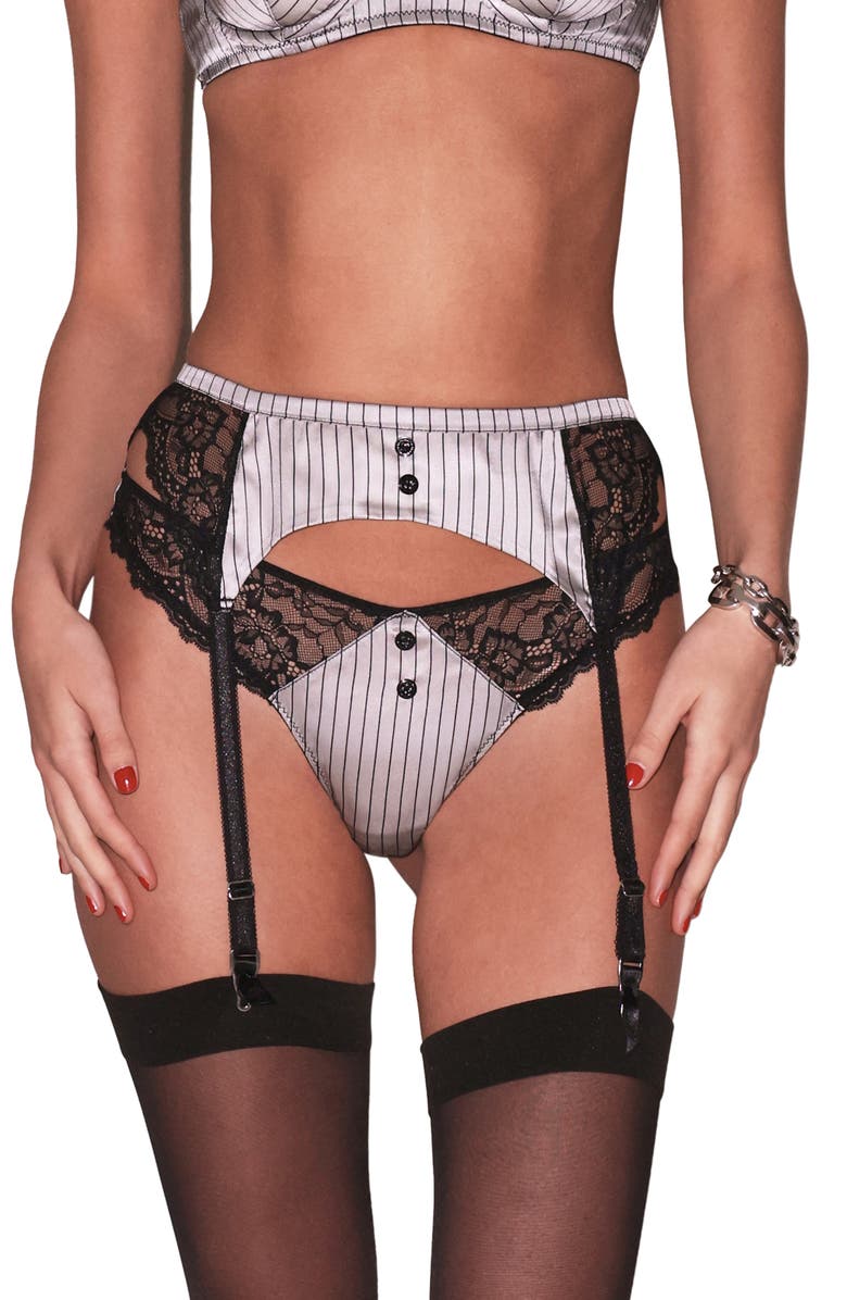 Fleur Du Mal Executive Lace Trim Stretch Silk Thong, Alternate, color, Ash Pinstripe