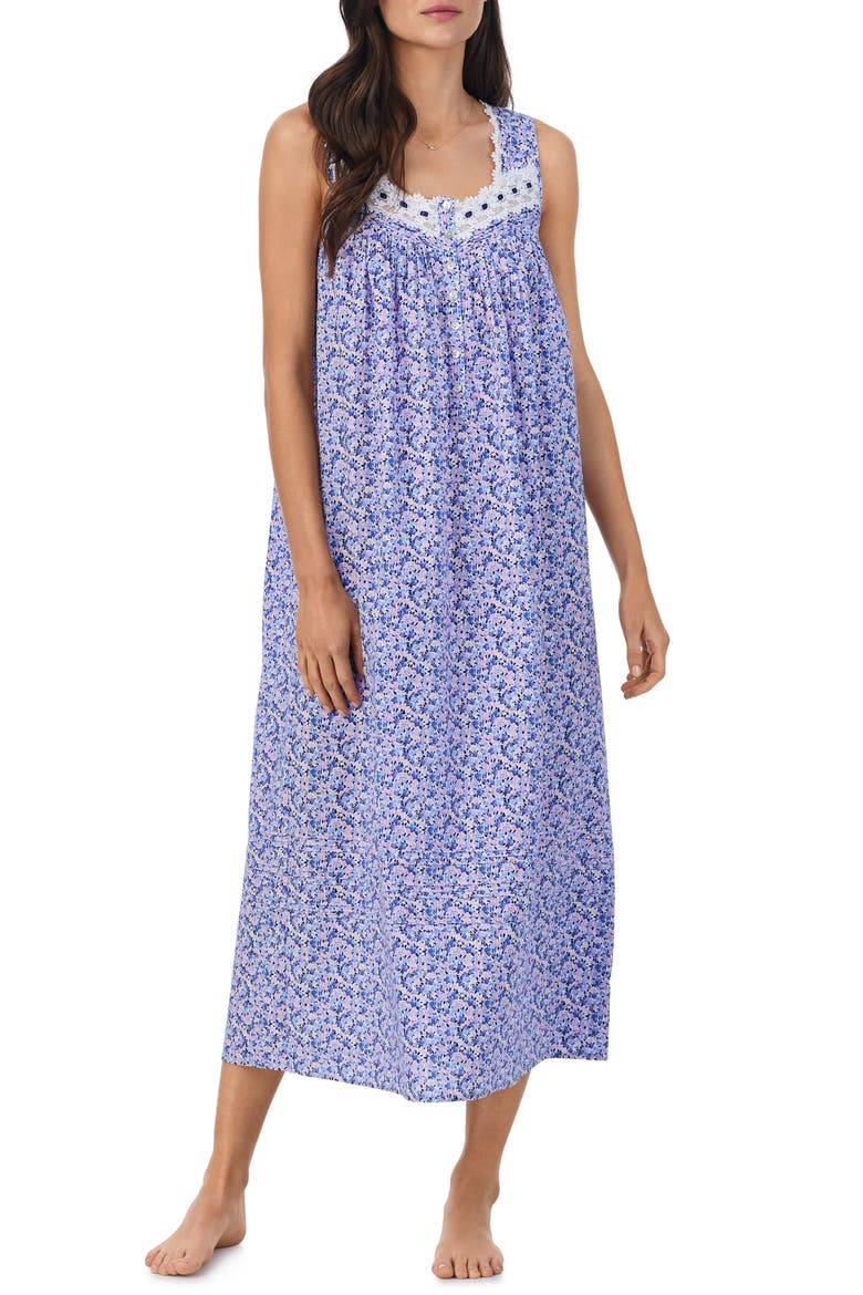 Lace Trim Sleeveless Cotton Ballet Nightgown, Main, color, WHITE BLUE DUST