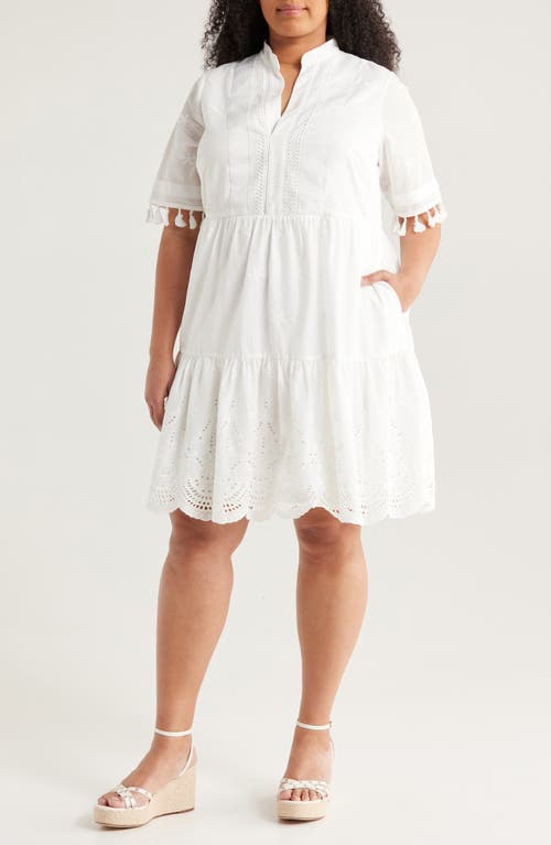 Tahari Asl Eyelet Embroidery Tiered Cotton Shift Dress In Ivory