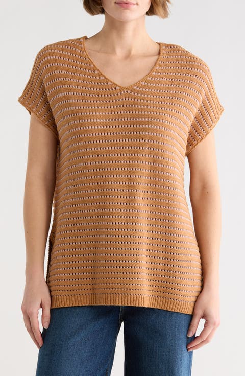 Open Knit Dolman Sleeve Split Seam Sweater