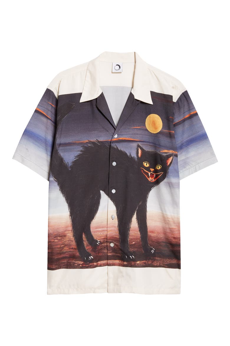 Cat Border Silk Crepe Button-Up Shirt, Alternate, color, IVORY MULTI
