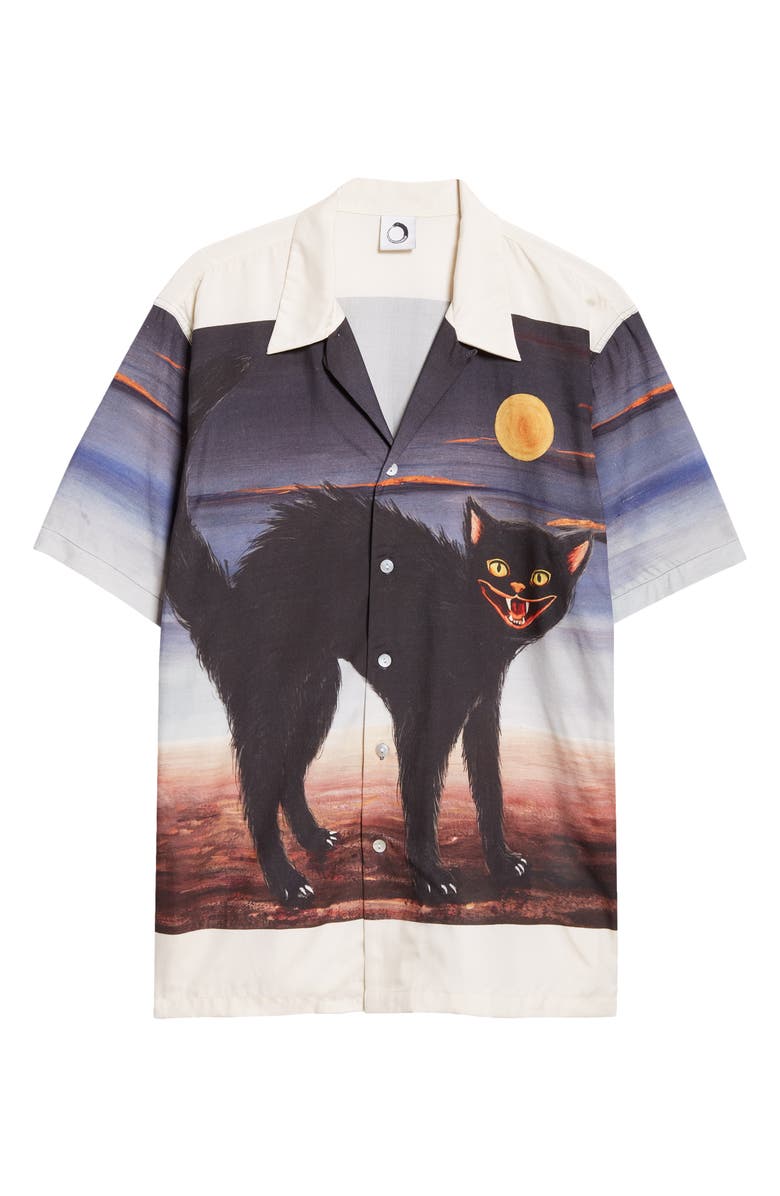 ENDLESS JOY Cat Border Silk Crepe Button-Up Shirt, Alternate, color, 