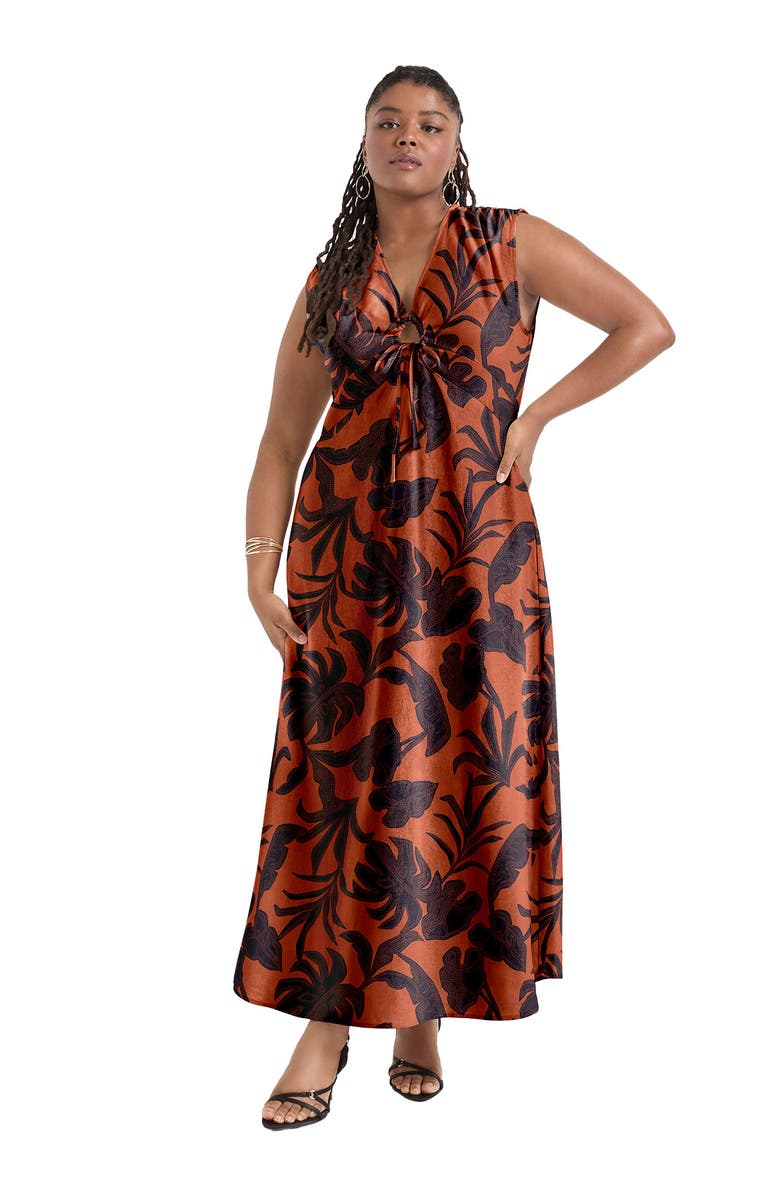 June + Vie Empire Waist Midi Dress, Main, color, Stitched Floral Picante