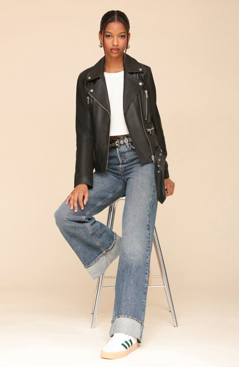 Avec Les Filles Belted Leather Biker Jacket, Alternate, color, Black