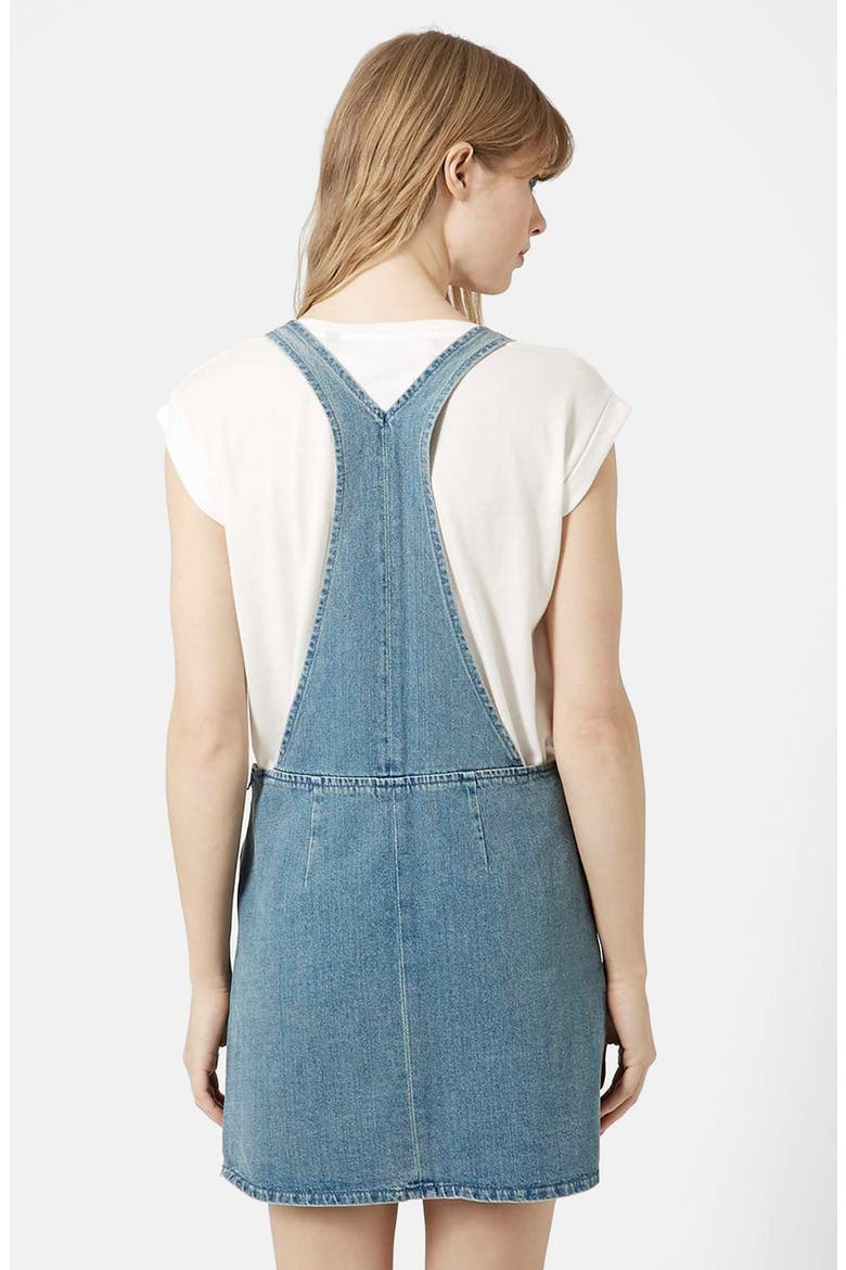 Moto Bleach Denim Pinafore Dress, Alternate, color, MID DENIM