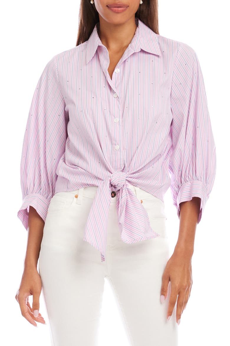 Embellished Puff Sleeve Tie Front Top, Main, color, PINK