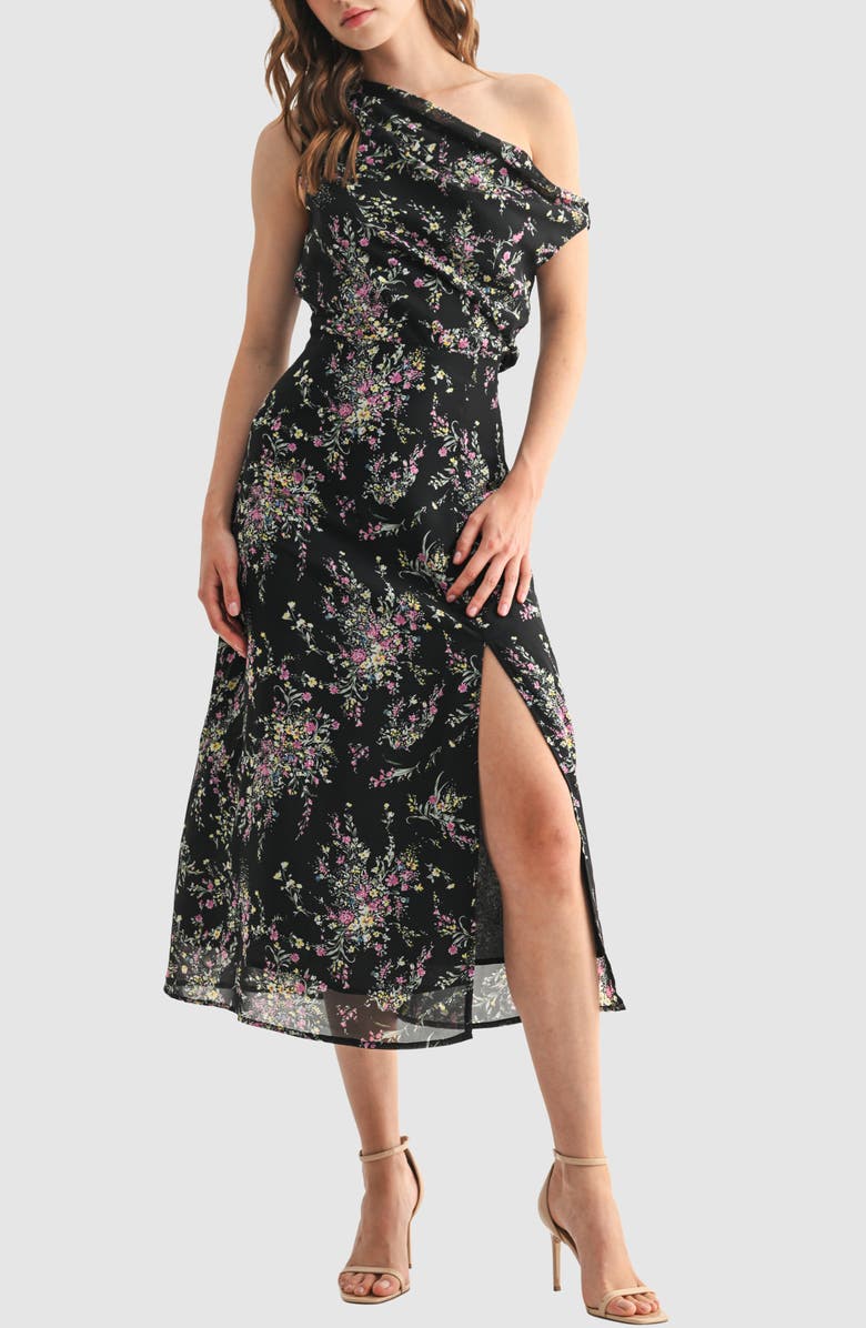 Lush Floral One-Shoulder Chiffon Midi Dress, Main, color, Black Pink Floral