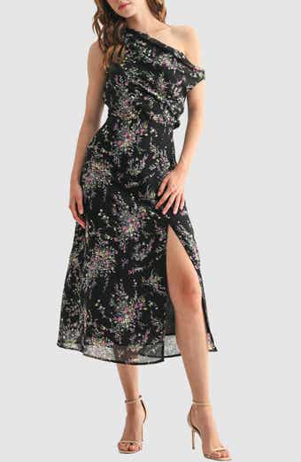 Lush Floral One-Shoulder Chiffon Midi Dress