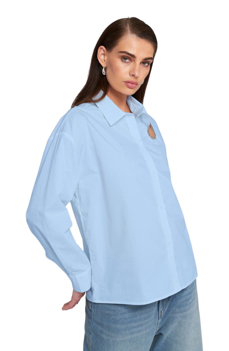 ELLE Collection Rhinestone Trim Cutout Shirt Button Down Top, Alternate, color, Baby Blue