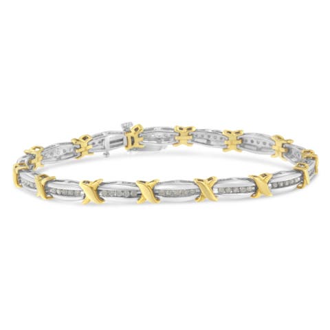 10K Yellow Gold over Silver 1.0 Cttw Diamond Tapered & X-Link Tennis Bracelet