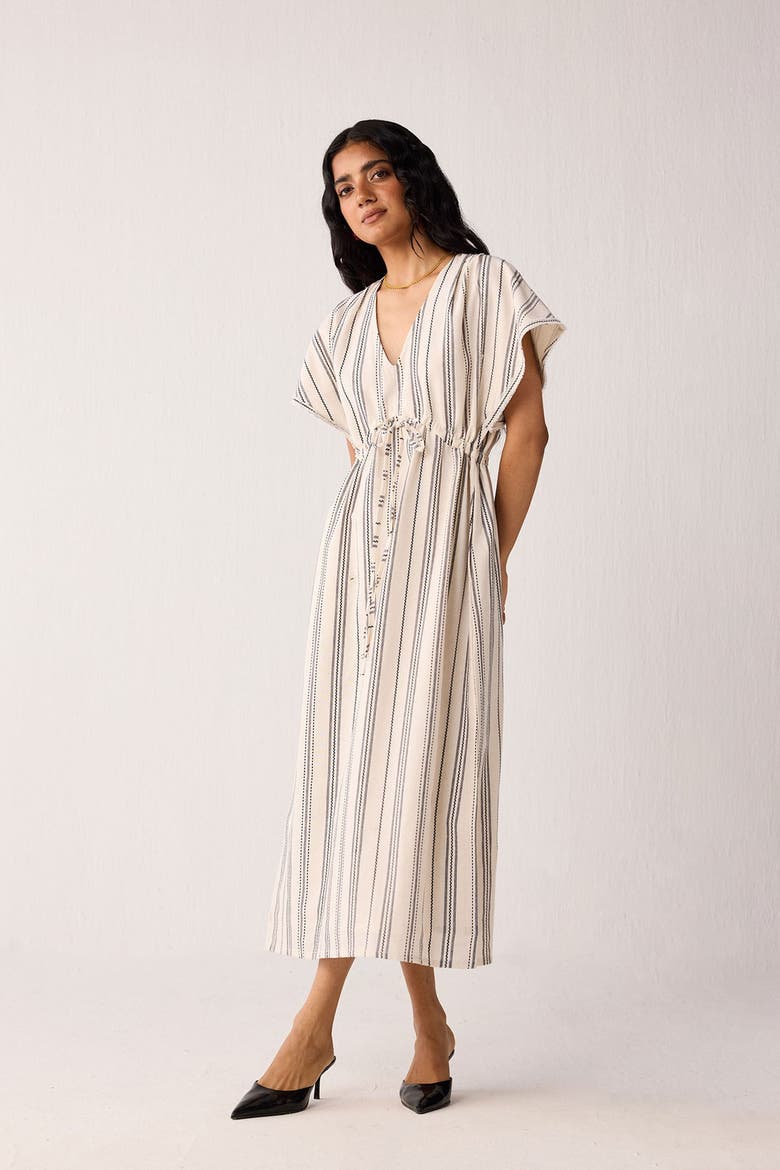 Maxi Gathered Dress with Side Slits in Stripes, Alternate, color, Linear Canvas