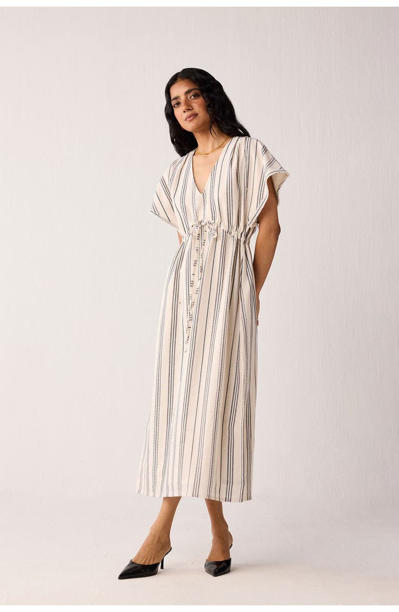 Reistor Maxi Gathered Dress with Side Slits in Stripes, Alternate, color, Linear Canvas