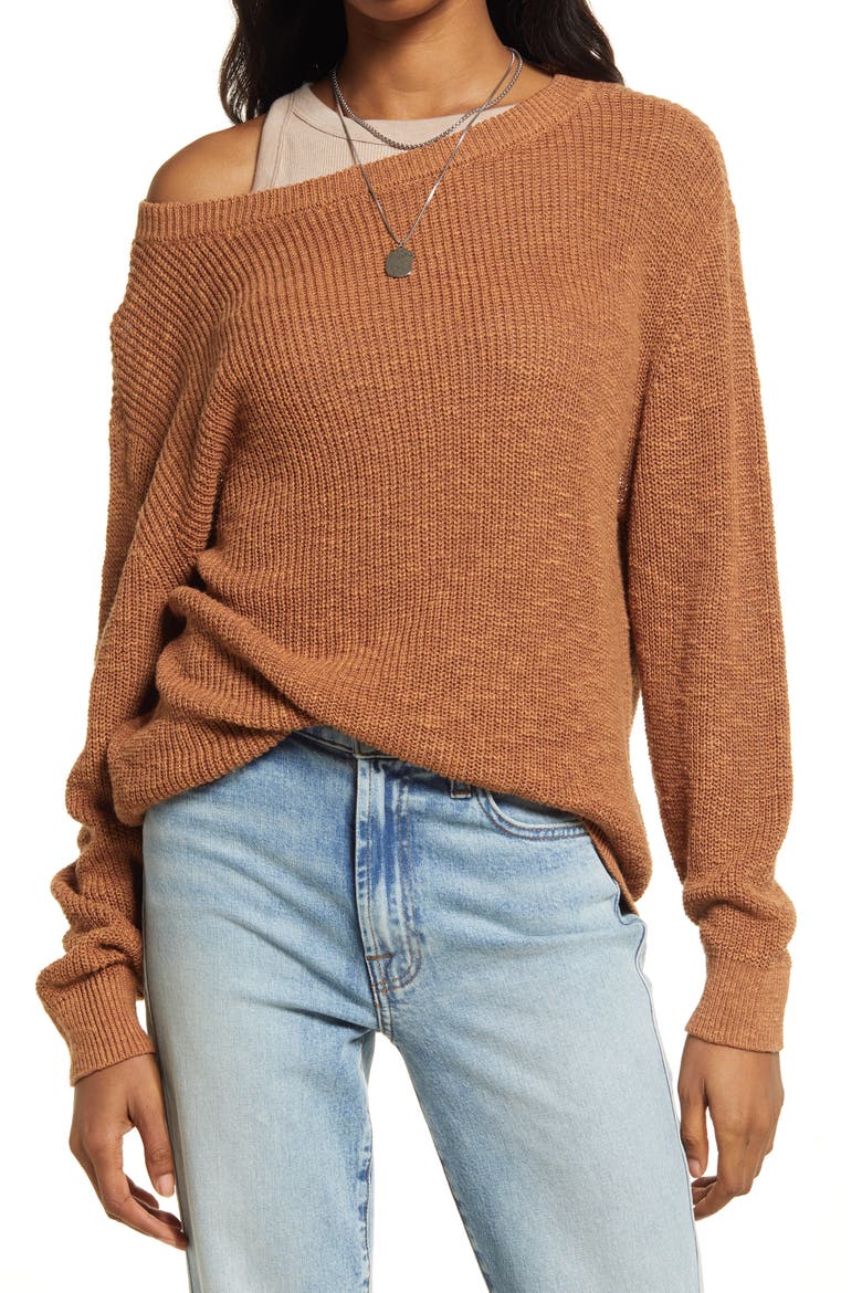 Women's Off the Shoulder Linen Blend Sweater, Main, color, TAN THRUSH