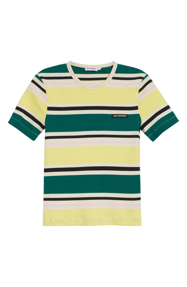 Marimekko Spurtti Helvi Cotton Blend Rib T-Shirt, Main, color, Dark Green Yellow Black