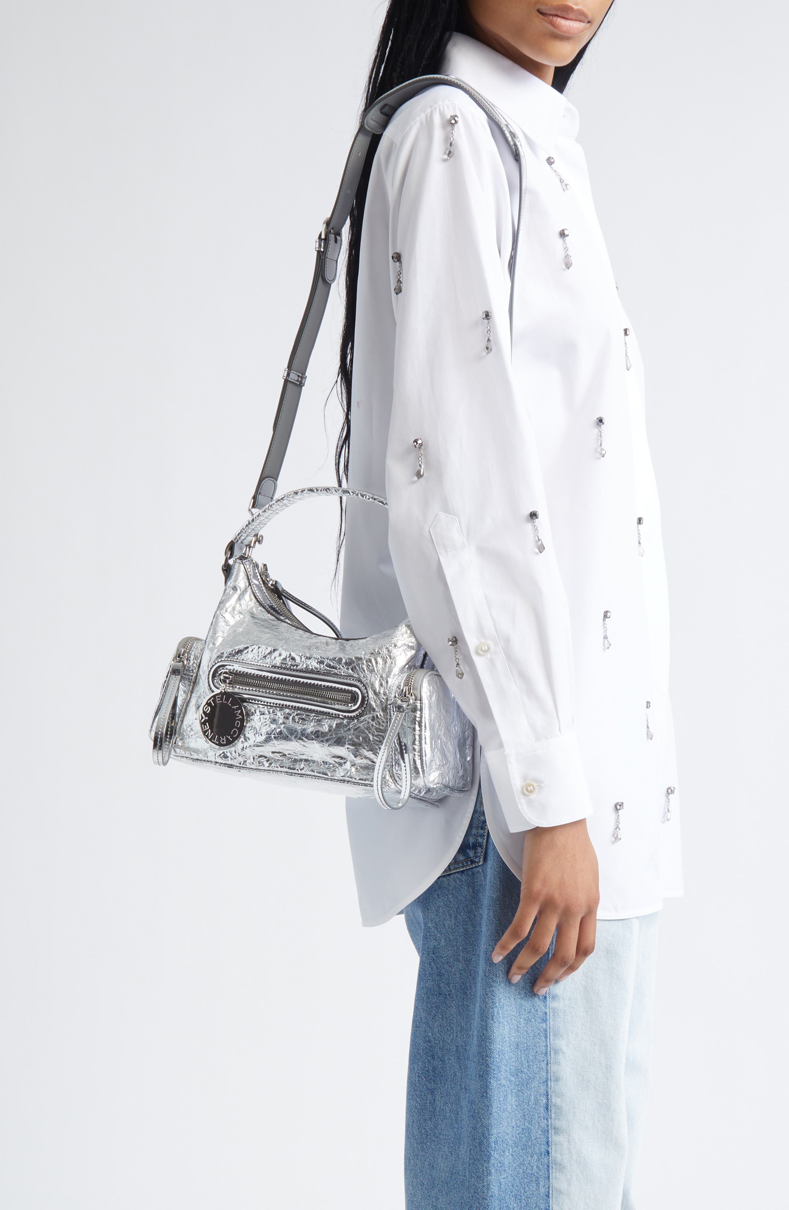 Stella McCartney Small Dartmoor Crinkled Metallic Faux Leather Shoulder Bag, Alternate, color, Silver