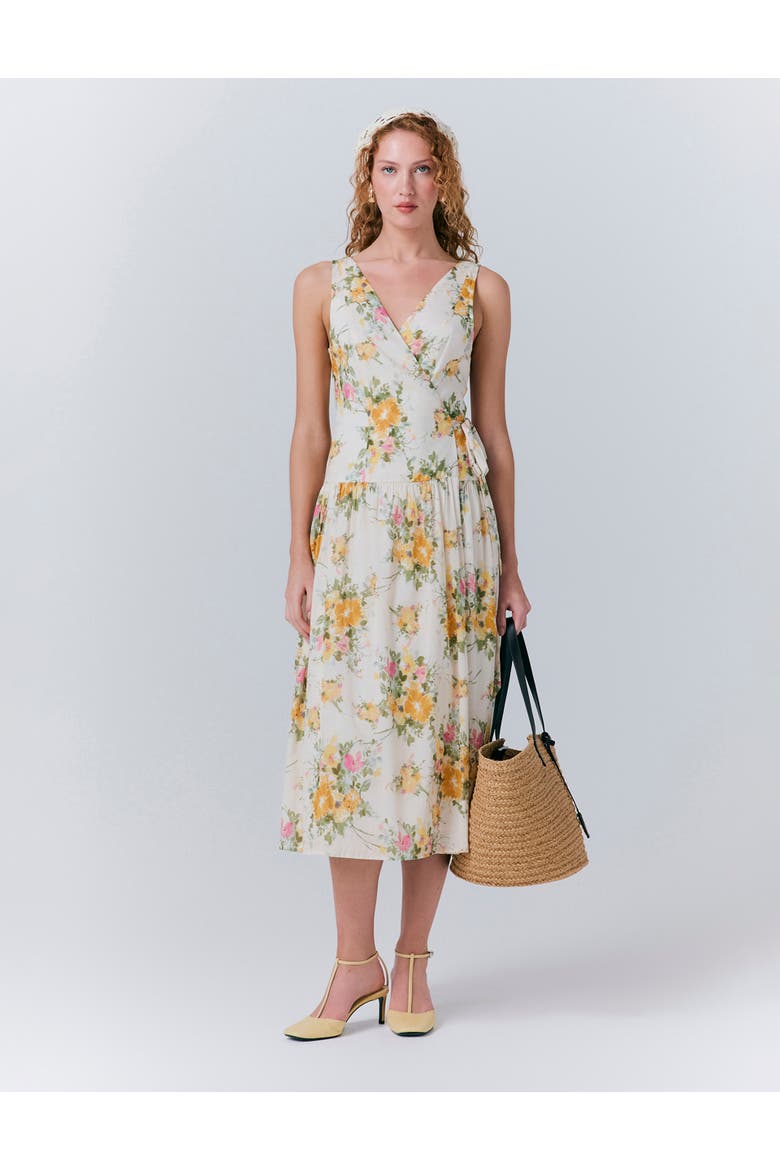 Julia Cotton Floral Midi Wrap Dress, Main, color, Yellow Floral
