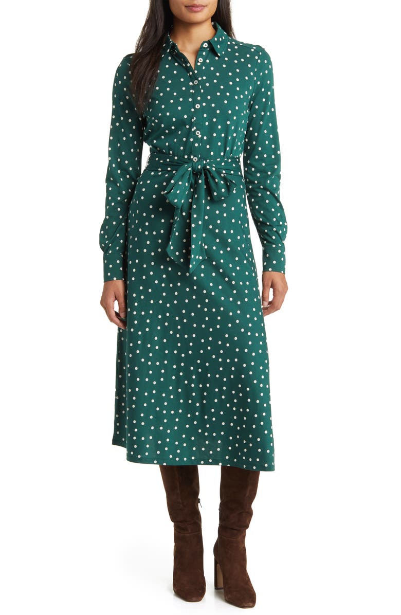 Boden Laura Polka Dot Long Sleeve Jersey Midi Dress, Main, color, Emerald Night Dot