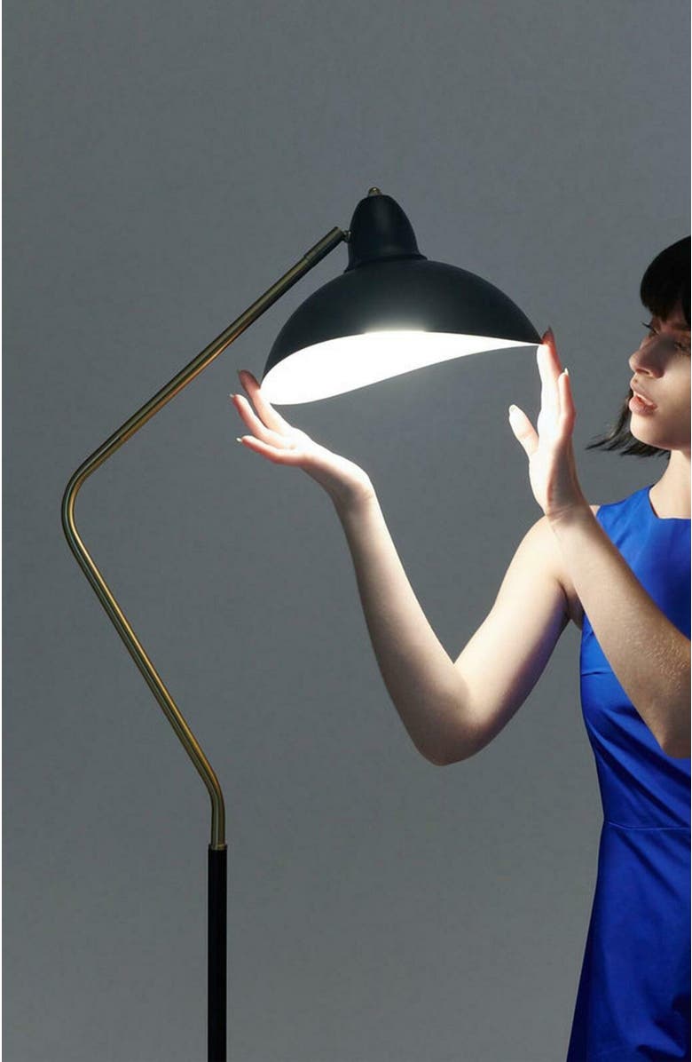 Brightech Swoop 69" Industrial Adjustable LED Floor Lamp with Metal Bowl Shade and Gold Accent, Alternate, color, Classic Black