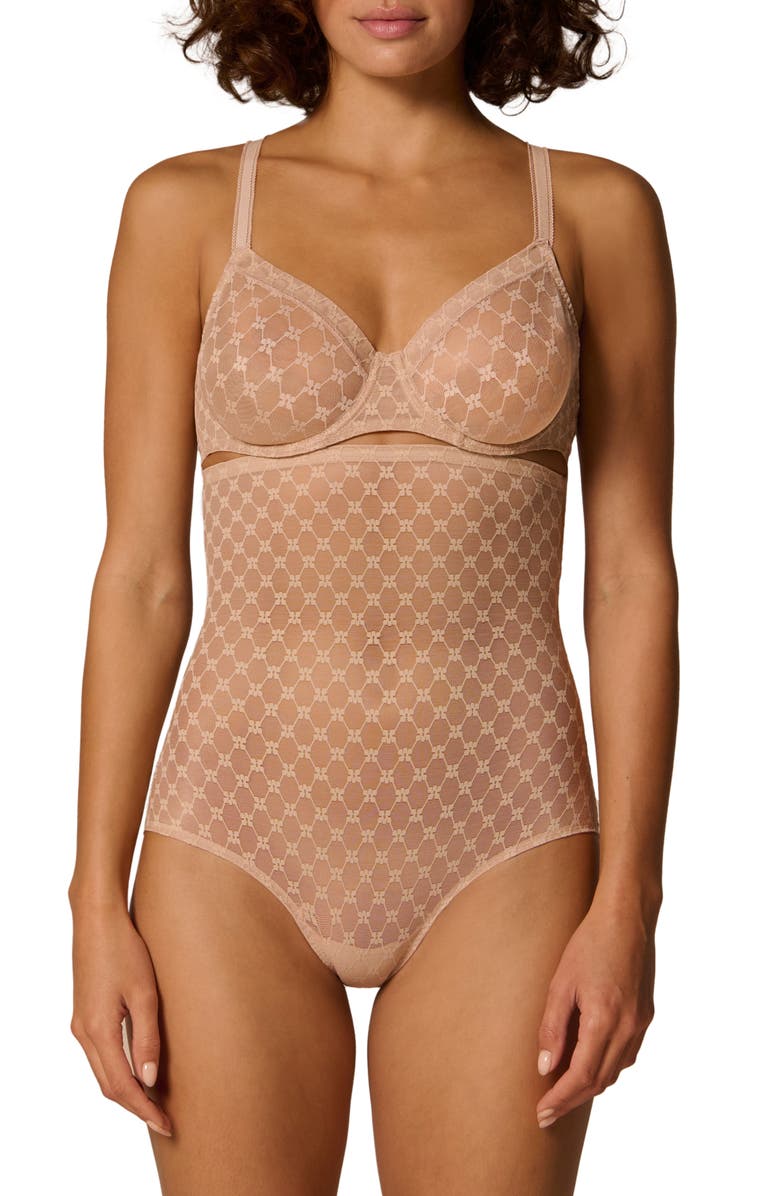 Simone Perele Plume Embroidered High Waist Shaping Briefs, Main, color, Peau Rose