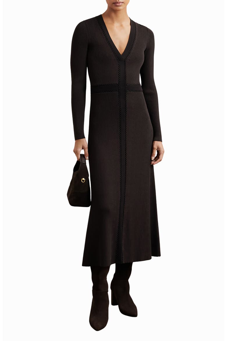 Laura Rib Long Sleeve Midi Sweater Dress, Main, color, CHOCOLATE BROWN