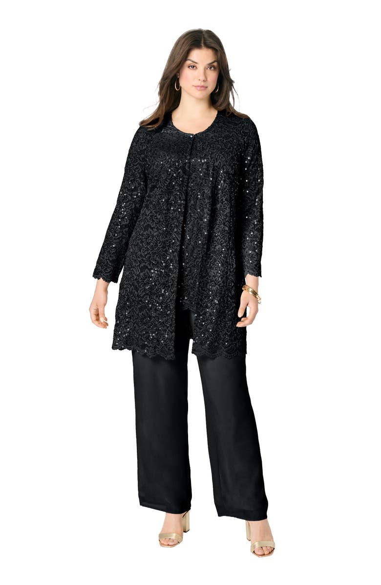 Roaman's Plus-Size 3 Piece Allover Sequin Lace Jacket and Tank Pant Set, Main, color, Black