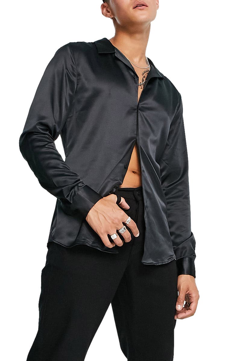 ASOS DESIGN Slim Fit Satin Shirt, Main, color, 