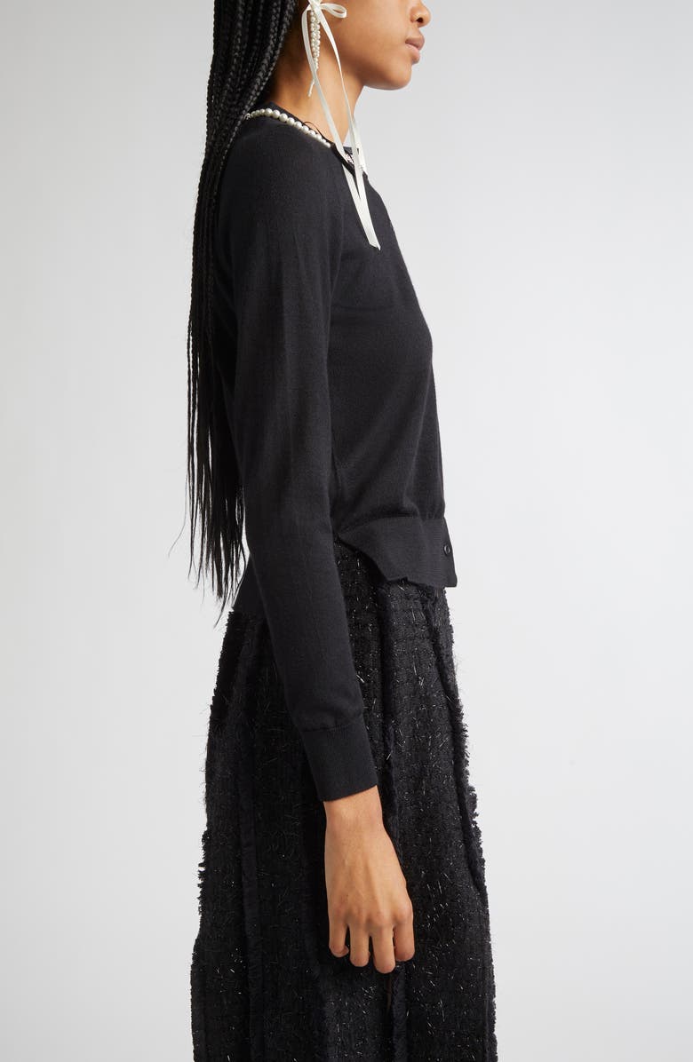 Simone Rocha Classic Long Sleeve Merino Wool & Silk Cardigan with Faux Pearl Detail, Alternate, color, Black/ Pearl