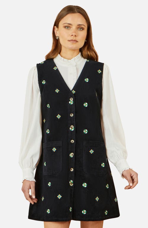 Yumi Embroidered Button Up Pinafore Dress In Multi