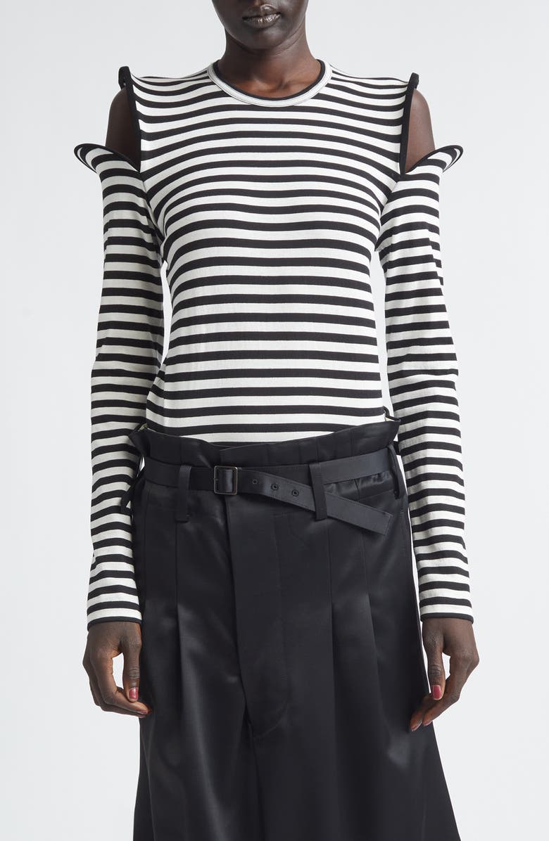 Junya Watanabe Wired Cutout Stripe Cotton Jersey T-Shirt, Main, color, Black/ White
