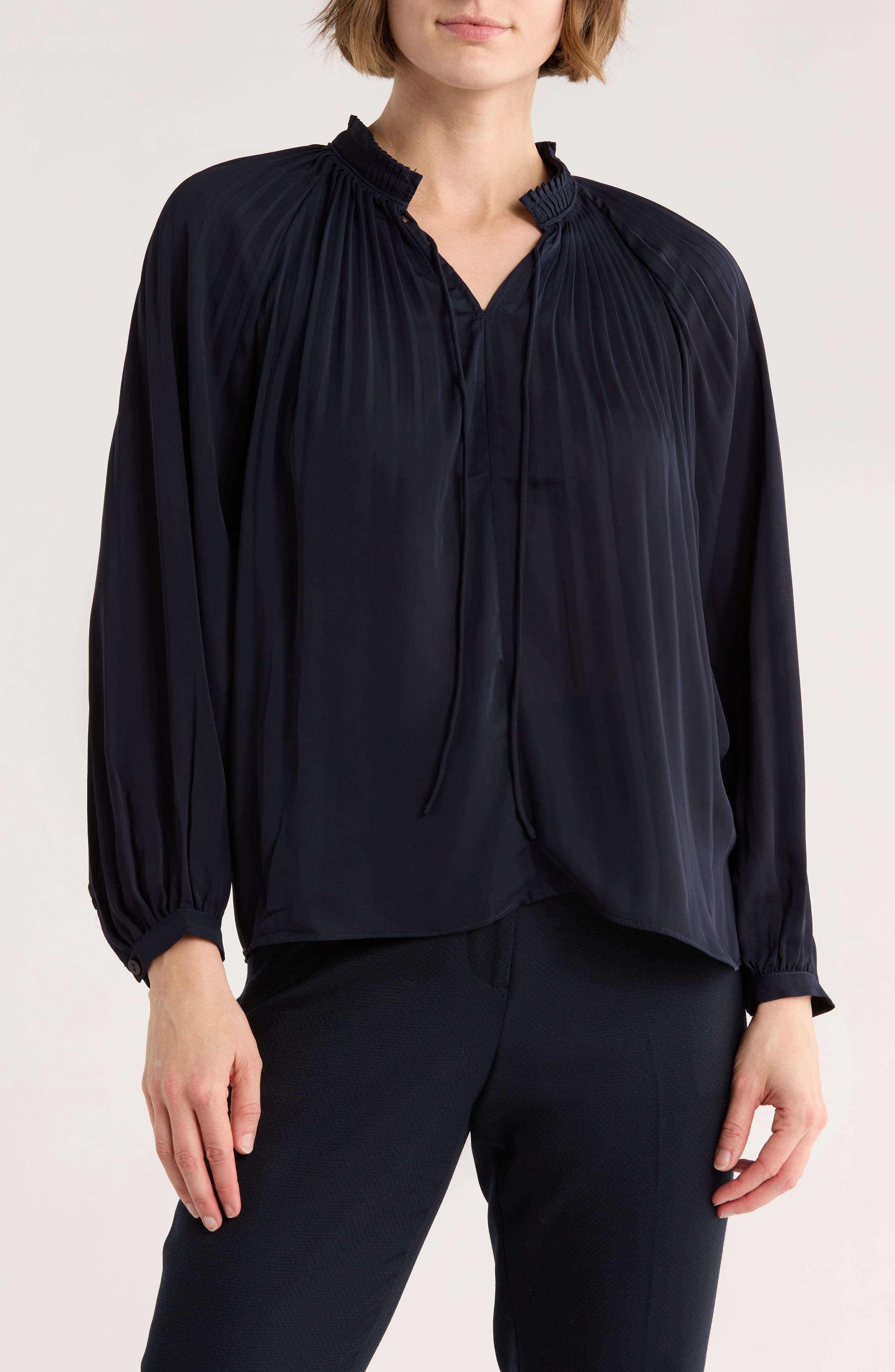 ELIE ELIE TAHARI Pleated Tie Neck Balloon Sleeve Top