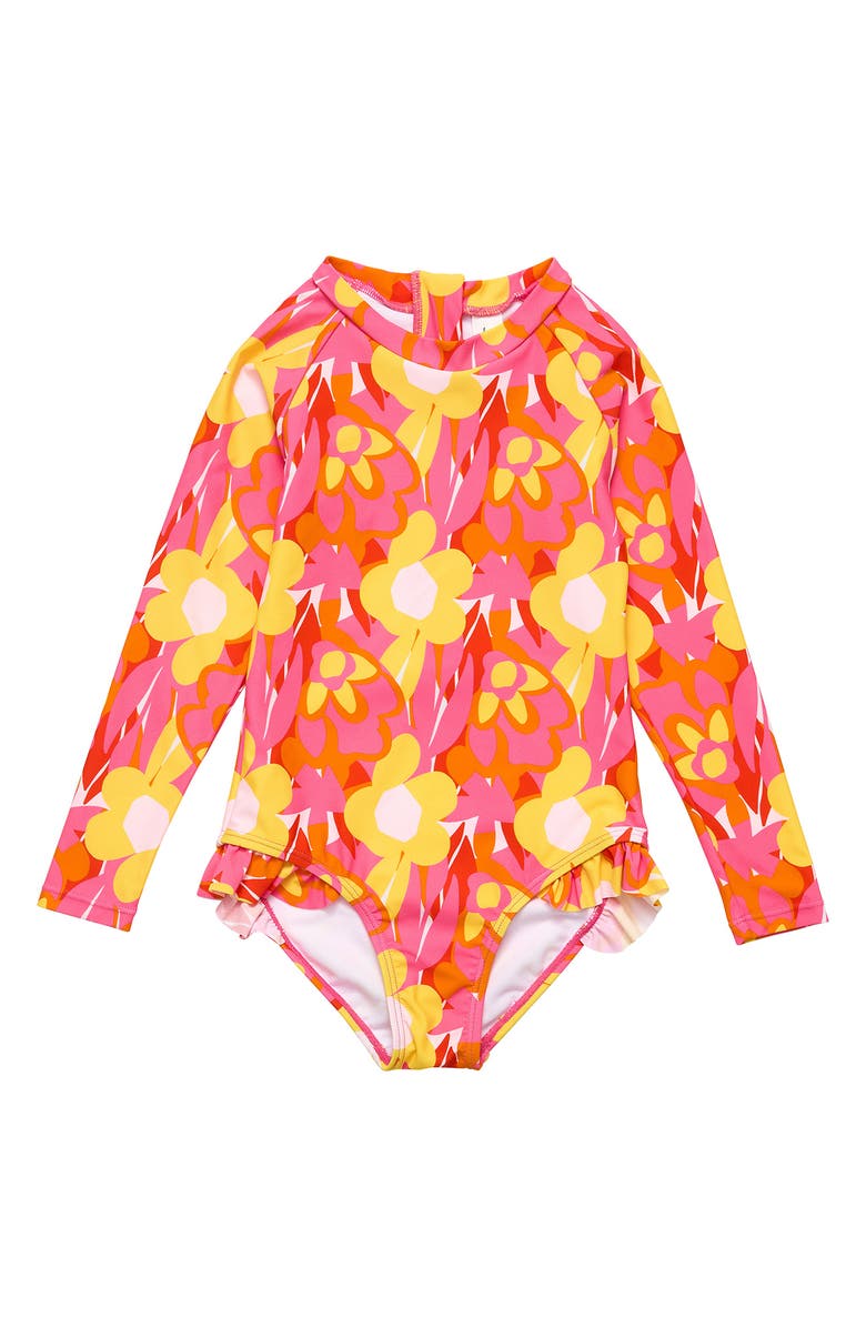 Snapper Rock Kids' Pop of Sunshine Long Sleeve One-Piece Rashguard Swimsuit, Main, color, 