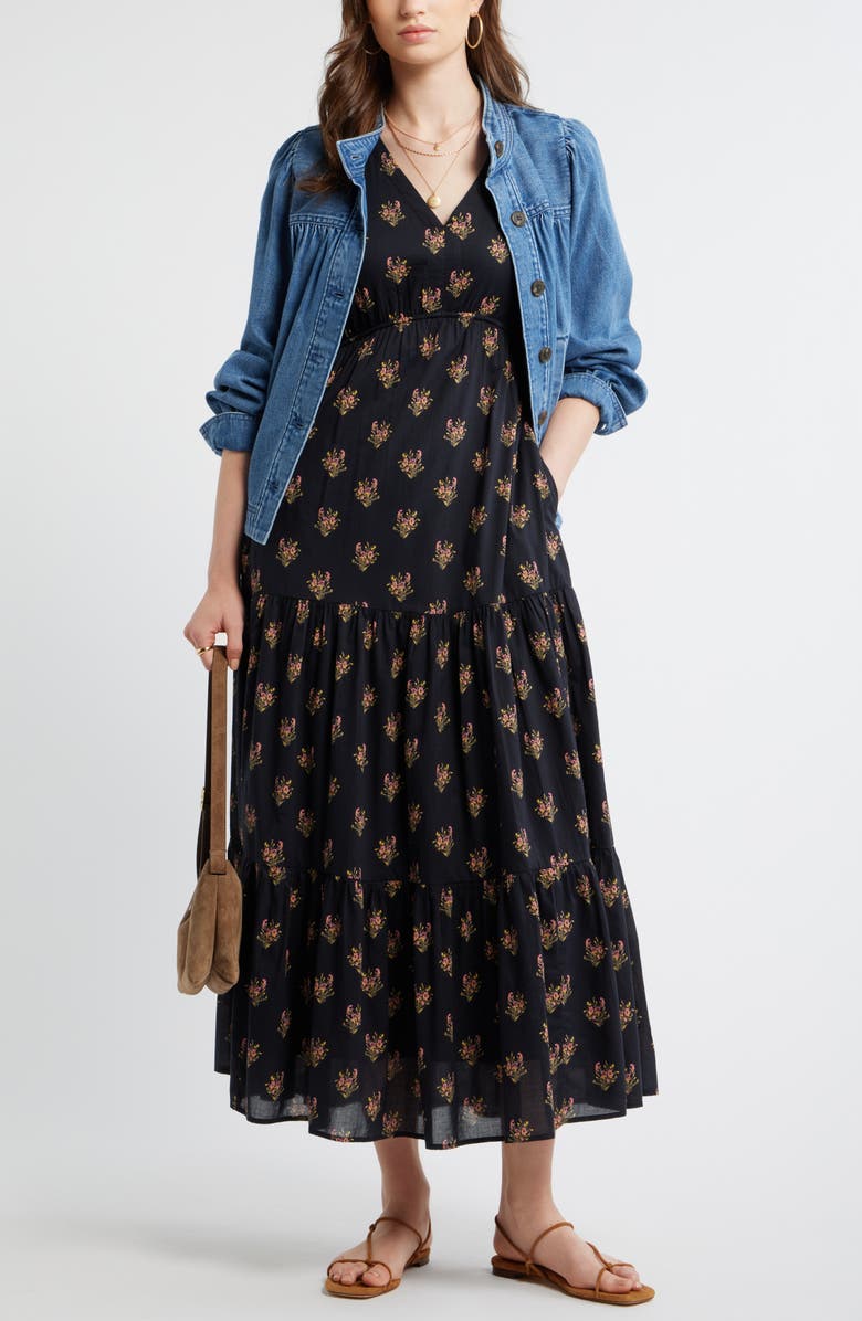 Treasure & Bond Floral Print Cotton Midi Dress, Alternate, color, Black- Pink Boquet