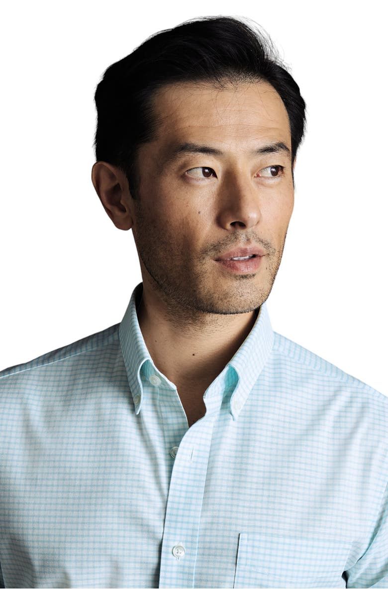 Charles Tyrwhitt Slim Fit Button-Down Collar Non-Iron Stretch Check Oxford Shirt, Alternate, color, Aqua Green