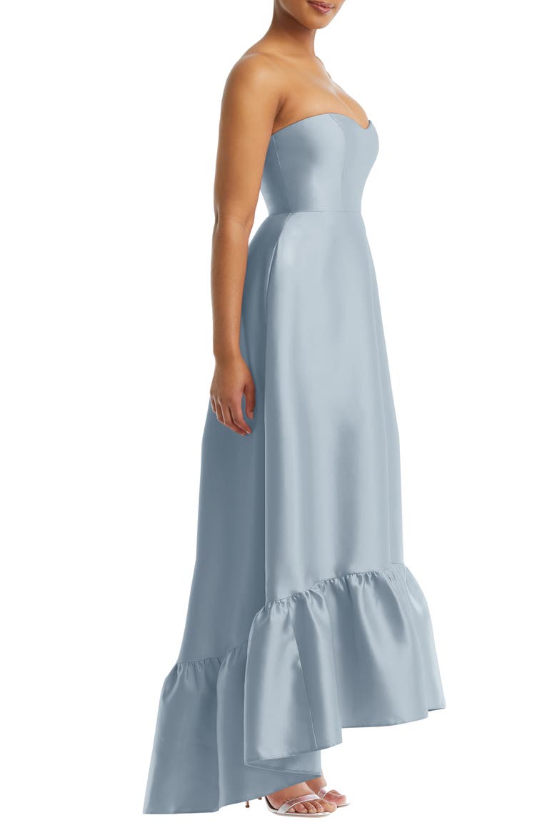 Strapless Ruffle High-Low Satin Gown, Alternate, color, MIST