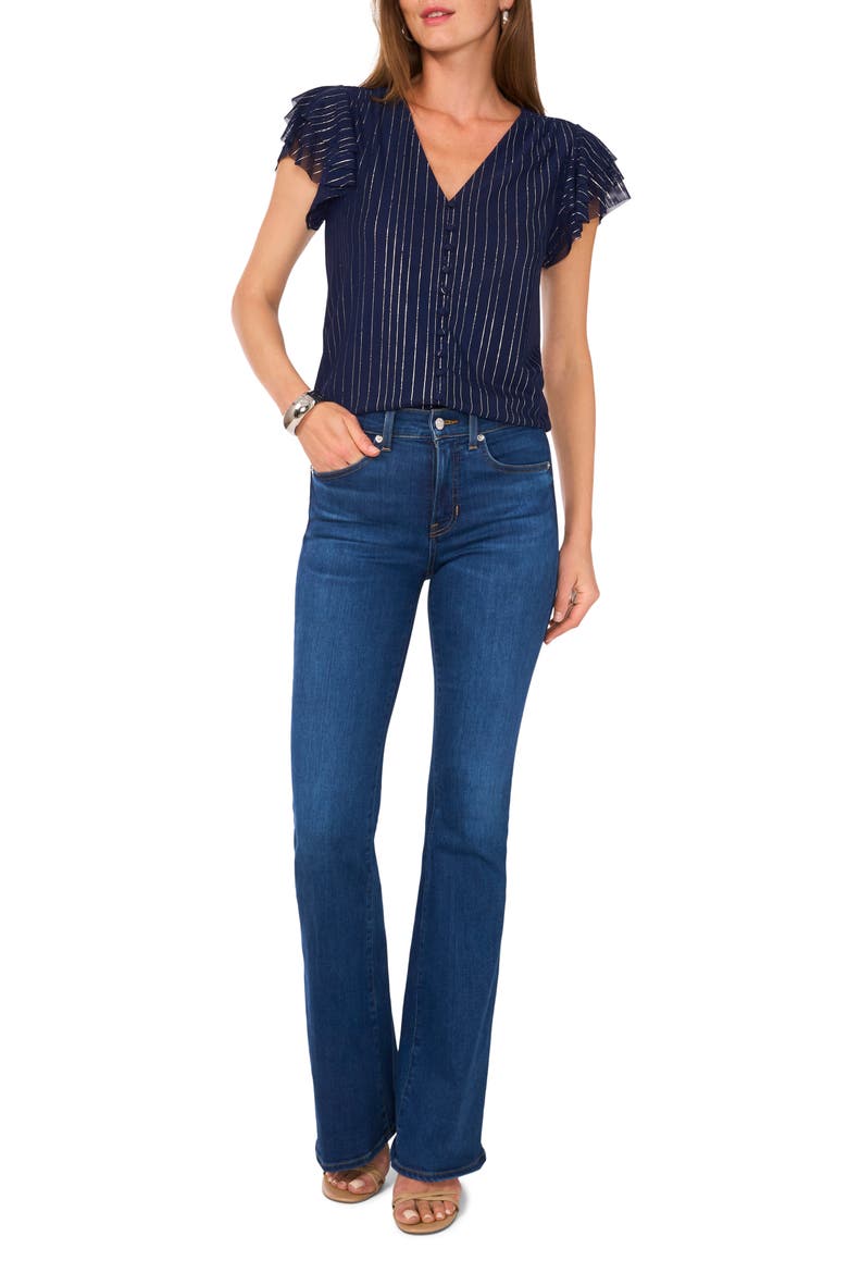 Stripe Flutter Sleeve Button-Up Mesh Top, Alternate, color, CLASSIC NAVY