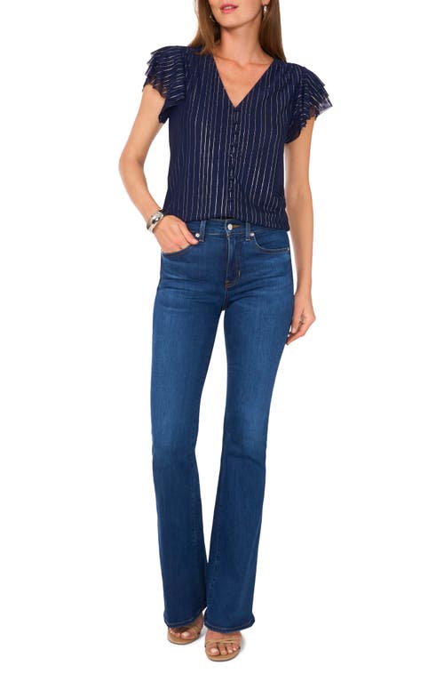 VINCE CAMUTO VINCE CAMUTO STRIPE FLUTTER SLEEVE BUTTON-UP MESH TOP 