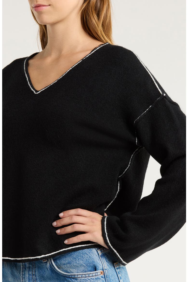 Contrast Detail V-Neck Sweater, Alternate, color, RICH BLACK