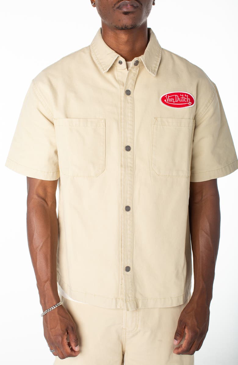 Von Dutch Short Sleeve Canvas Hell Shirt, Main, color, Pale Khaki