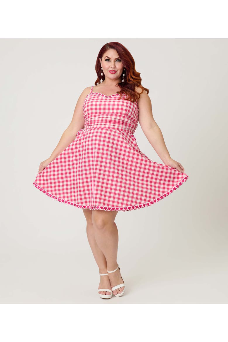 Plus Size 1950s Sleeveless Cotton Flare Dress, Main, color, Pink Gingham W/Hearts