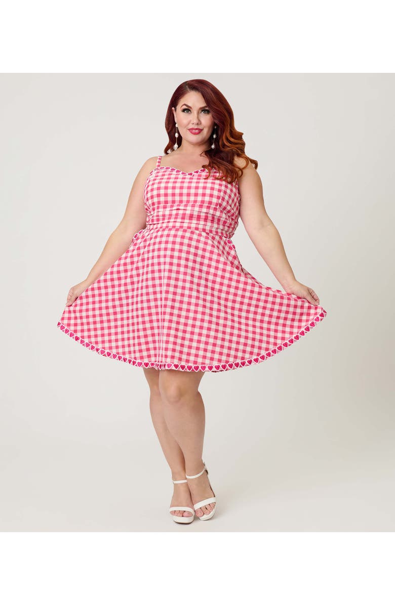 Unique Vintage Plus Size 1950s Sleeveless Cotton Flare Dress, Main, color, Pink Gingham W/Hearts