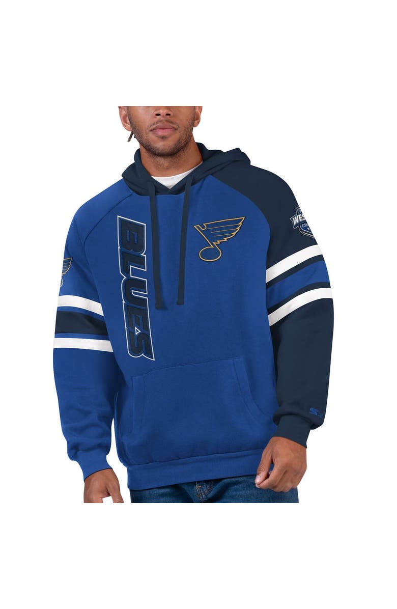 STARTER Men's Starter Blue/Navy St. Louis Blues Gauntlet Raglan Pullover Hoodie, Main, color, 