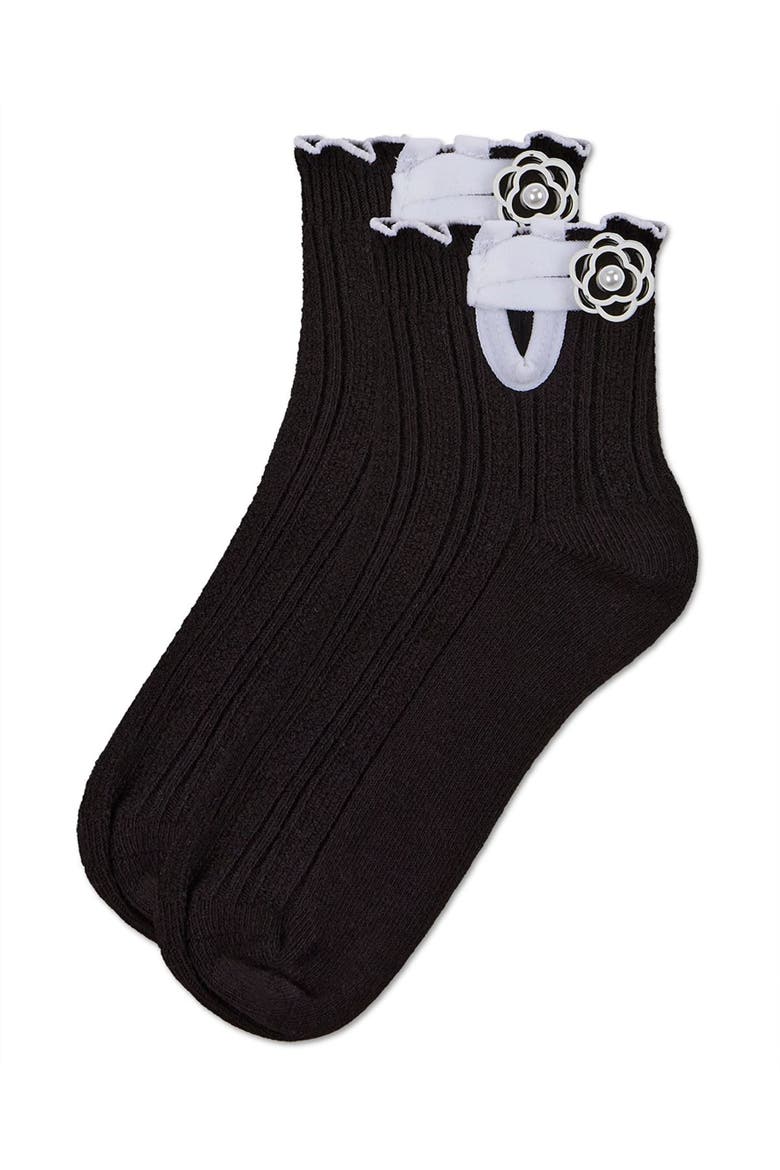 Floral Button Anklet Socks, Alternate, color, Black