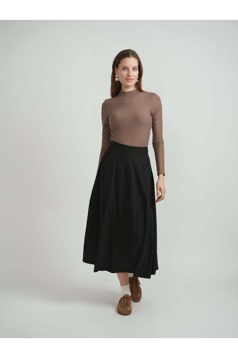 Crepe Asymmetrical Side Zip Midi Skirt, Alternate, color, Black