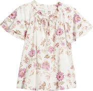 Treasure & Bond Shirred Botanical Print Linen Blend Top