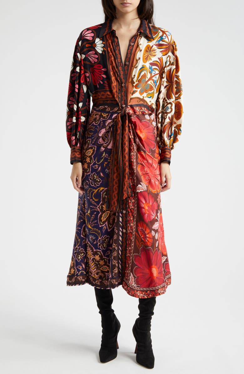FARM Rio Miranda Mix Print Long Sleeve Satin Shirtdress | Nordstromrack