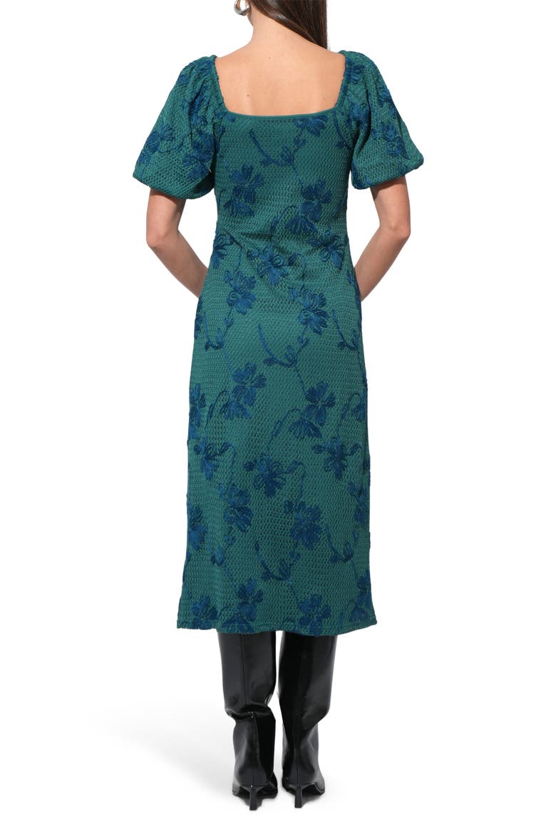 Anora Floral Embroidered Puff Sleeve Knit Midi Dress, Alternate, color, EMERALD GREEN